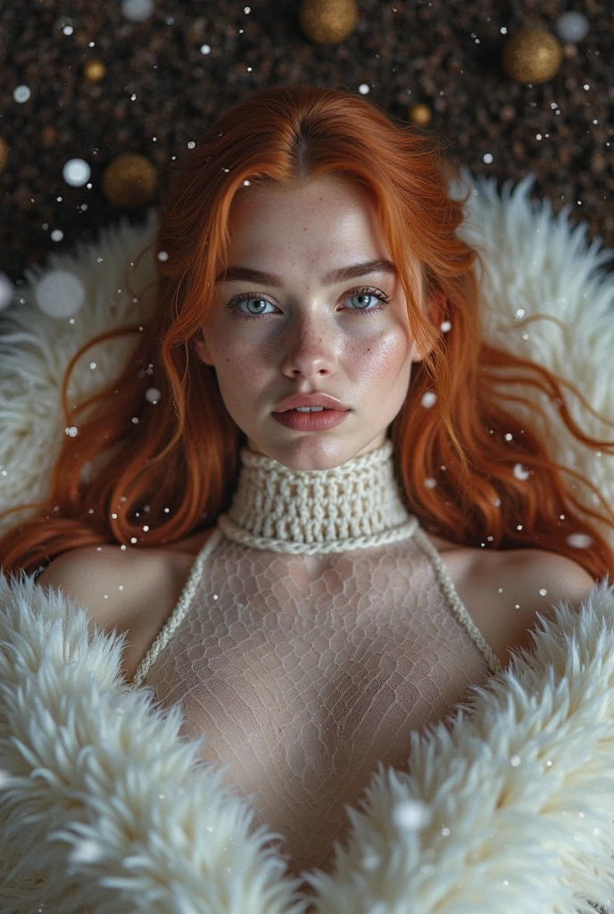 woman, red hair, green eyes, amber heard, pixie, Nearly naked, snowing, cold, woodland, kneeling down in snow, happy
