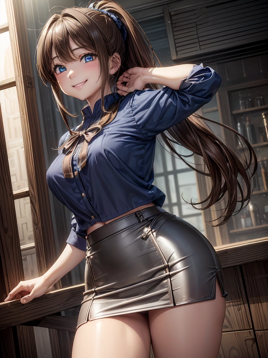 beautiful features、Japanese、brown hair、((ponytail、deep blue eyes:1.2))、shiny smooth hair, thick bangs、(bright smile:1.2), ((Image Processing Algorithms：1.2))、highly detailed eyes, highest quality, Ultra HD, HDR, Beautiful and vivid illustrations、high contrast、Tonal correction、Ultra-realistic oily and shiny skin, Super fine, High resolution CG Unity 8K wallpaper, Raw photo, precise fingers, anatomically correct,white blouse、red tie、pencil skirt、White panties peeking out from under a skirt、black knee socks、kneeling pose、from below、