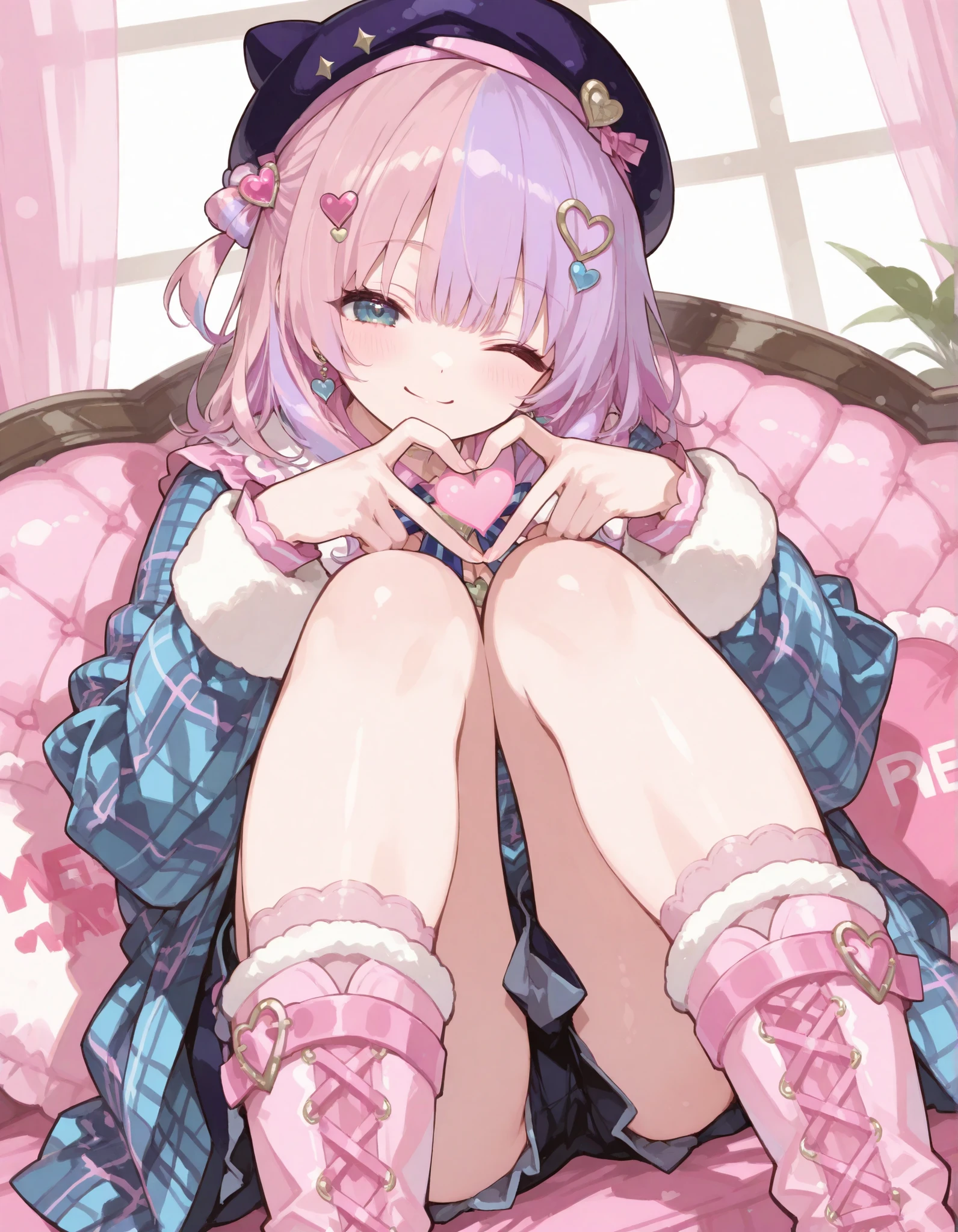 masterpiece、Half purple and half pink hair、heart shape hair ornament、wear a cap, plaid coat、((make heart with her hands)), wink and smile, girly boots, cute girly room