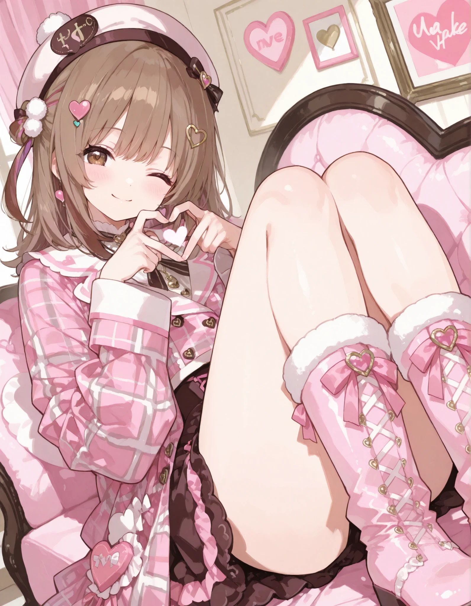 masterpiece、brown hair、heart shape hair ornament、wear a cap, plaid coat、((make heart with her hands)), wink and smile, girly boots, cute girly room