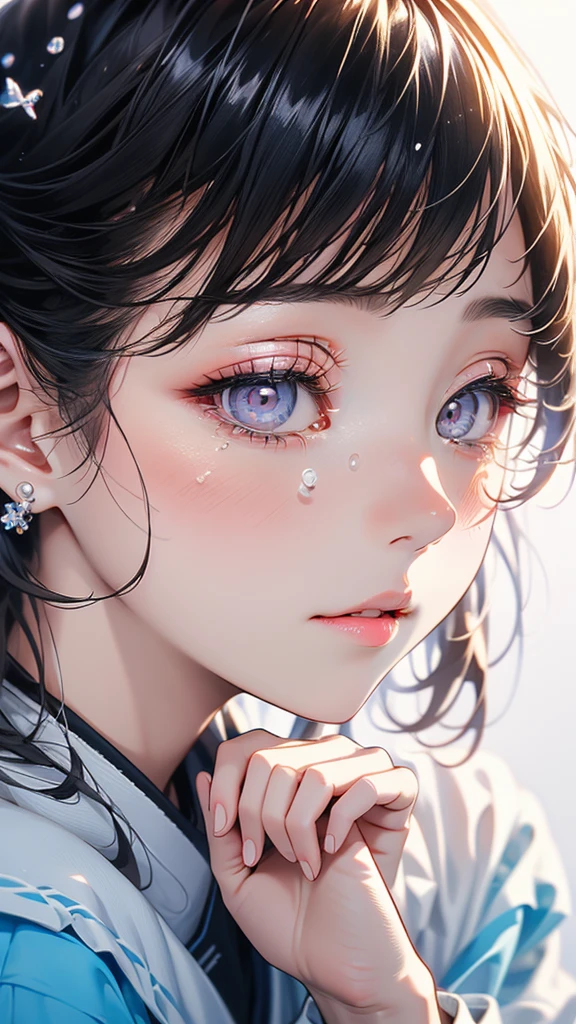 12 year old Japanese girl,Heart Eyes,Close-up naked upper body rain face looking up'Eyes wearing silver-white mirrored lens sunglasses、I looked at the world reflected in the lenses of my sunglasses...(Side Pony,Colorful Hair),