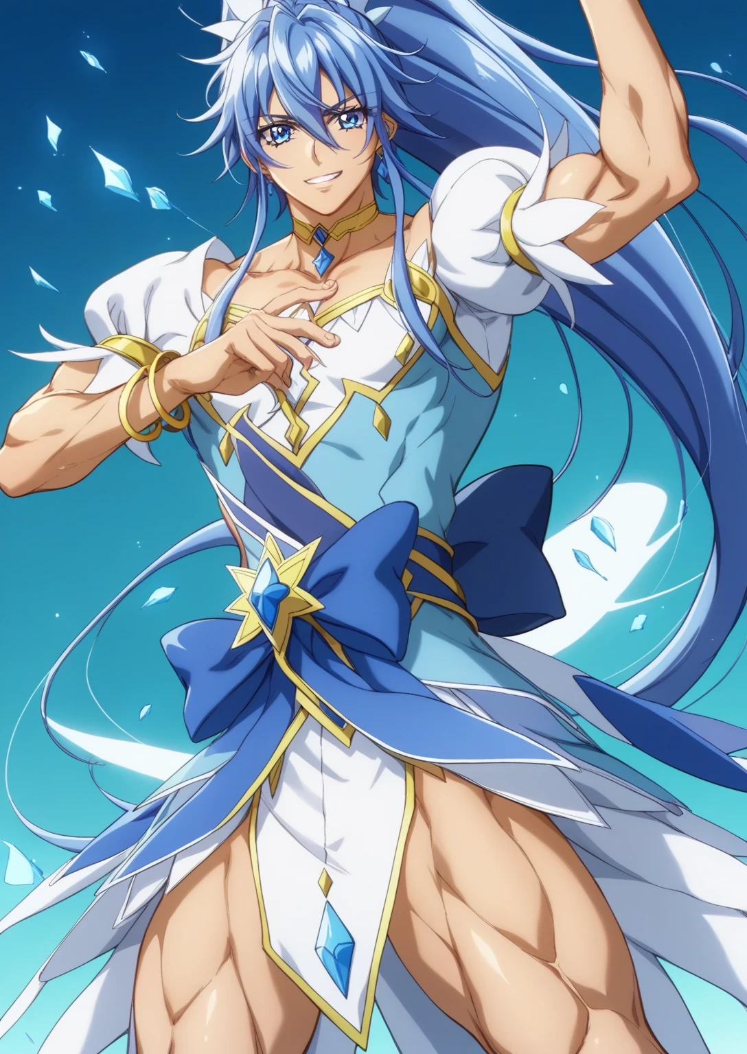score 9 、score 8 up、score 7 up、source anime、masterpiece、Highest Quality、high resolution、anime coloring、1boy、cure diamond、(male:1.5)、Boy character with blue hair、high long ponytail hair、dia shape hair ornament、solo、portrait of Magic Boy、Boy in a blue dress、isolated、Long Legged 、Heavenly Aura、Ice Aura、blue miniskirt、yellow neckwear、Yellow choker、collarbone、white puffy sleeves、Symmetrical puffy sleeves、yellow bracelet、blue waist bow、bare thighs、bare legs、white high heels、 Symphogear Flavor 、Boy with long blue hair、 Prince of Sapphire 、Official Character Art、style of Magic Boy、masculinization、Magic Boy、Anime Boys、official art、high resolution、perfect outfit、sparkling Magic Boy、(manly:1.5)、 With Shining Blue Eyes 、perfect body、trapezius、perfect hands、perfect arms、perfect perfect legs、thigh muscles、semitendinosus muscles、hamstrings、adductor magnus muscles、 male focus、looking at viewer、solo focus、cowboy shot、(male body:1.5)、beefcake style、blue background、