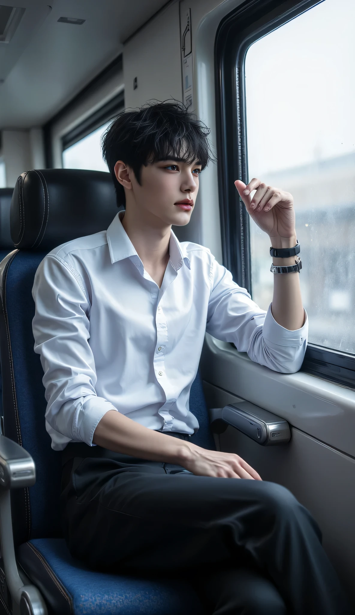 20 year old man, very handsome, Chinese Series Stars, white, handsome face, super slim, หน้าคนclear, looking forward, Photoshoot, Dream pictures, Stand Cool, Arrogant Glitter, in front of subway mirror, Mirrors not reflected, Left hand raised, pushed up front, Dandruff on the palm of the hand,  Thick Fog , Wet outside, Flickering light, Mad Mafia, ผมสีดำ, messy classic hair-style, side hair style, ผมสีดำ, I'm up , Business Hairstyles, short hair, Masterpiece, Best quality,  a man, confident posture, Detailed image, clear, Shiny, very handsome, Cold Tea Face Paint, wearing company employee shirt, formal pants, Black Formal Shoes , one man, reflect, top body model, ภาพclear, front view, Camera taken from outside the train mirror, Zoom camera with fog on palm, ภาพถ่ายเต็มไปด้วย Thick Fog .