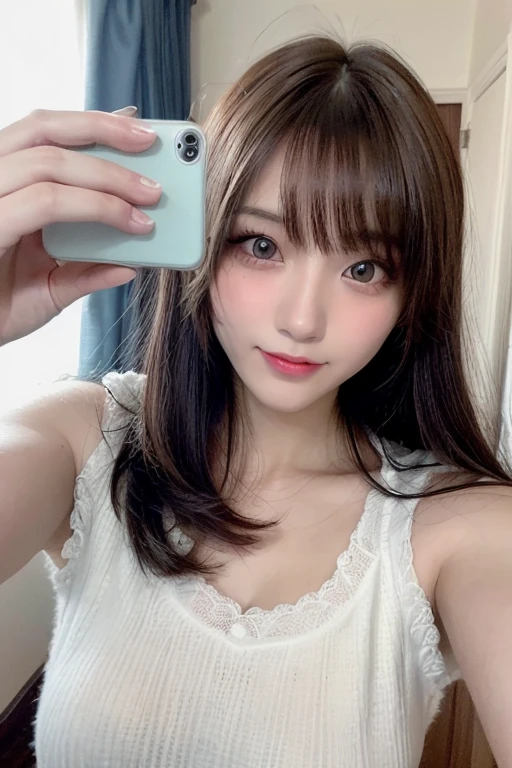 (Masterpiece, BestQuality:1.2), (hyperrealistic:1.1), (8k,Photorealistic), (superrealistic:1.4),little-girl taking a selfie,japanese,17yo,(naked and her nipples are visible),(she is holding a smartphone in one hand and taking a selfie), beautiful nipples,She is smiling brightly and posing happily,The background is the girl's room.BREAK (eyes with large brown irises,bangs,small mouth, fresh lips,nose blush),beautiful shiny skin,