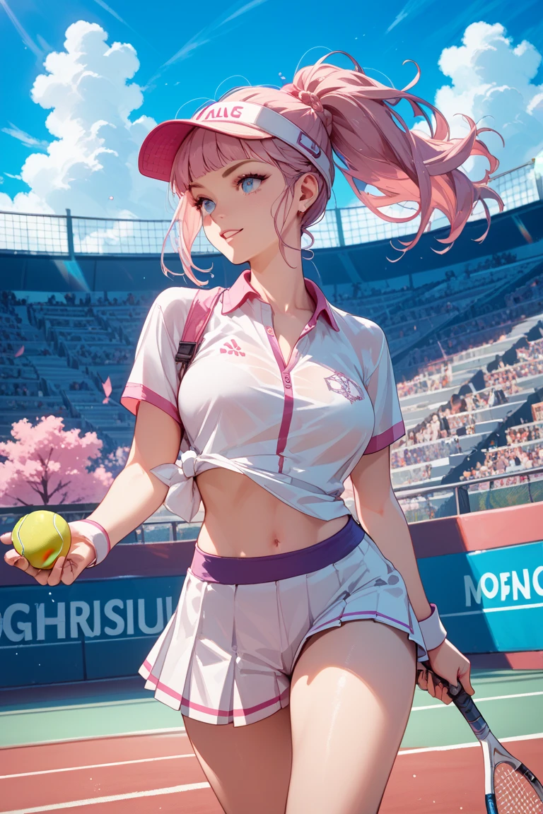 ​masterpiece、top-quality、Ultra Detail、, 1girl in,beautiful  lighting、adult lady、１girl with、(((28 years old)))、(((Mature adults)))、(((Best Beauties)))、(((tennis)))、(((Tennis Uniform)))、(((Tennis rackets)))、(((tennis ball)))、embroideries、(((Colossal tits)))、ren、Beautie、Red glasses(((Red glasses)))、little blush、Beautie、（shiny lip：1.1）、（beautidful eyes：1.1）、fantastic hair、short-hair、bob cuts、Platinum Pink Hair、Red glasses、Platinum pink eyes、elf-ears、Well-formed face、large full breasts、A smile、masutepiece、Best Quality、High resolution、Cowboy Shot、From Side、Pale skin staring at the viewer、Curve、Blunt bangs、lightsmile、Sunnyday、suns、、tennis coat、