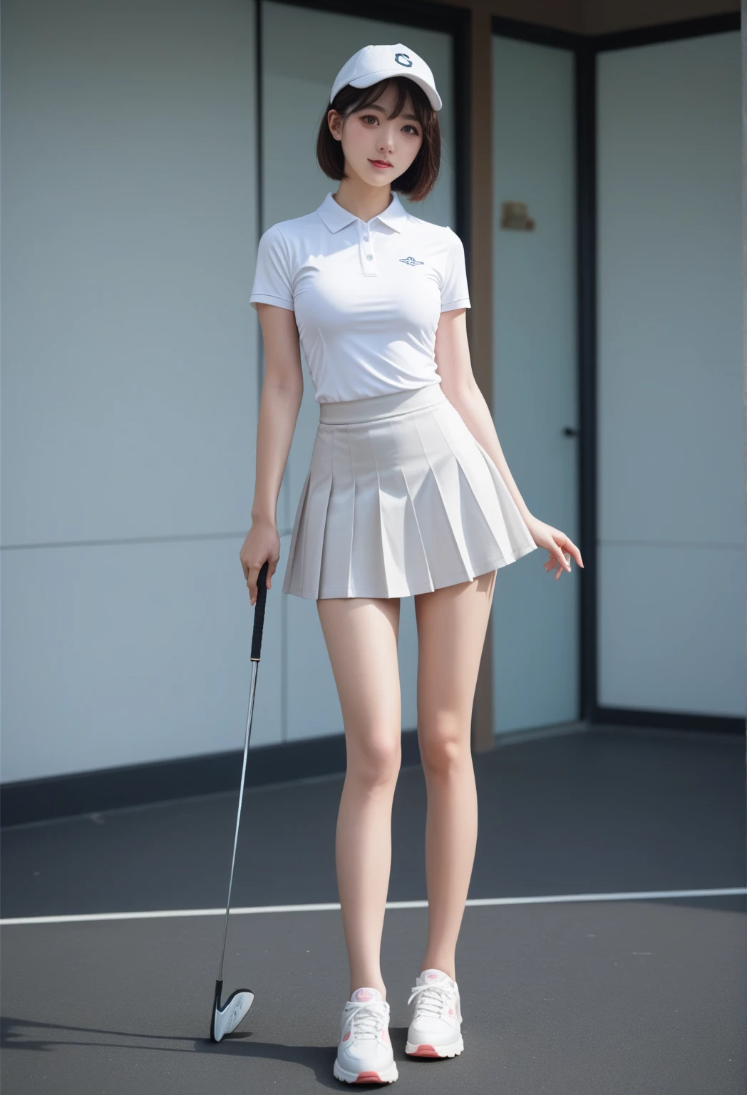 、Smile full of happiness、((nearly naked:1.3))、nearly naked、、lawn、Sweating、is standing、(((clong legs、thighs thighs thighs thighs)))、Sun visor、Medium Hair、cleavage of the breast、1girll,Golf Player,face perfect,crisp breasts, Convex buttocks,Pastel Colour Sport Short Sleeve,(((short tight white skirt))),White sport socks,White shoes,a wet body,Swing a golf club,Golf Course,Sunnyday,Clouds, Detailed background, Clothing Details, Perfectly proportioned, film grains, Fuji colors, lightand shade contrast, tmasterpiece, high detal, high quarity, hight resolution, Cinematic lighting, 8K, Textured skin, Super Detail