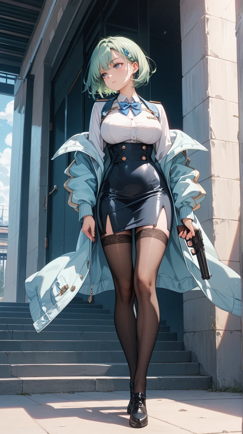 Dim 4:1>, Best quality, Ultra-detailed,,1girll, Solo, nikkeanis, aniswear, Cross-eyed, short_Hair, Open_Mouth, Large_Breasts,_decorations, upper legs, Hat, cleavage, , Jacket, Short skirt mini skirt white stockings blue pleated shirt+white skirt