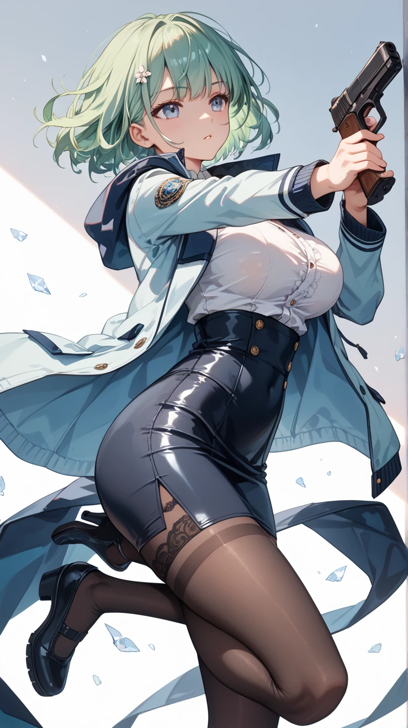 ((masterpiece, best quality)), (1girl),((mature female)), based on Laura S. Arseid, fulfilled blue hair, thick thighs, hair band, long sleeves, leather gloves, side bangs, dark green eyes, medium hair, tights, hair ornament, long socks, armpits, tied hair, curvy, confident, snow in the background, detailed background,