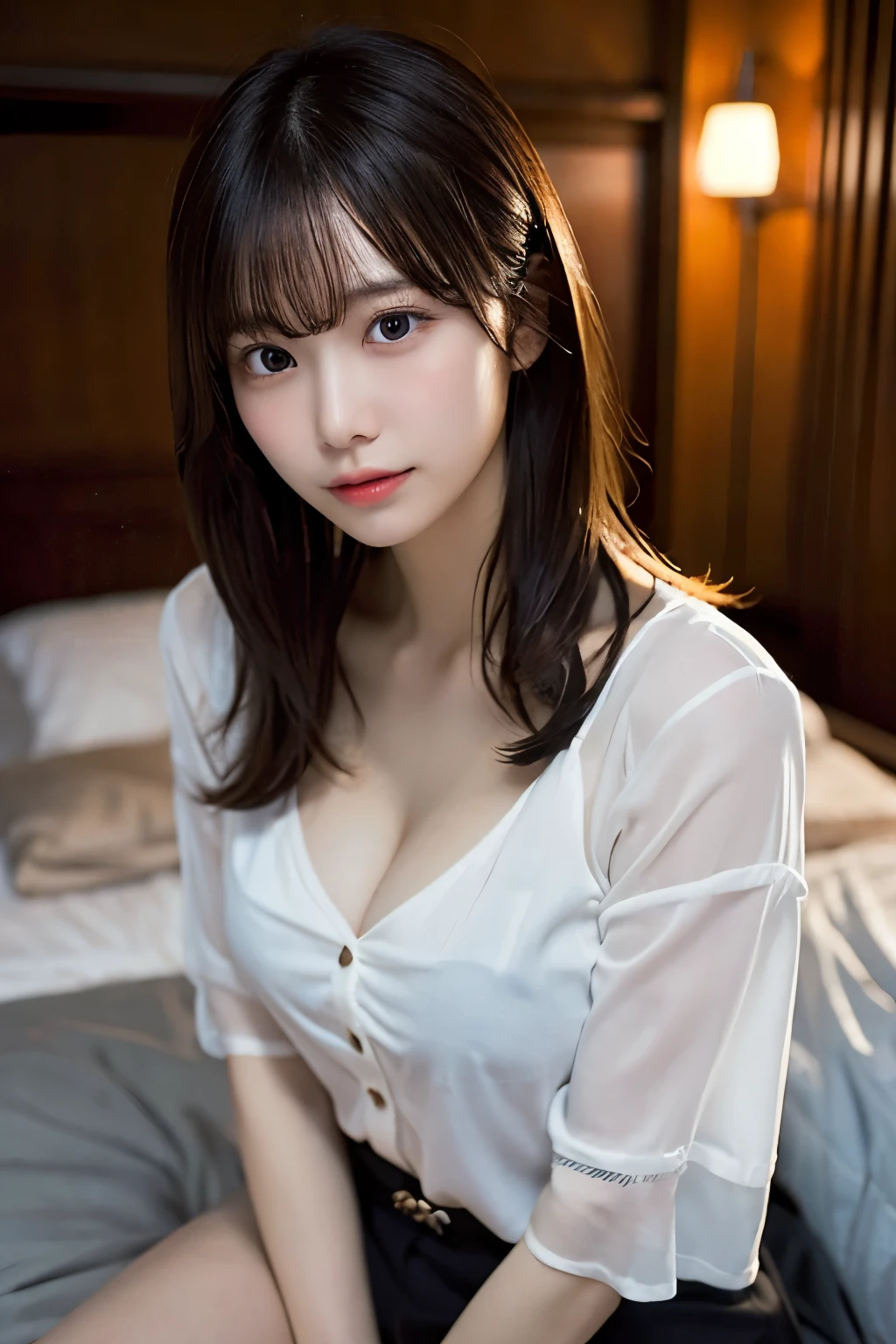 Tabletop, Highest quality, figure, Super detailed, In detail, High resolution, 8k wallpaper, Perfect dynamic composition, Beautiful attention to detail, Natural Lip, Cute pajamas, Small breasts, Random sexy poses,Hair Bun,RAW Photos,Cute🩷,smile
