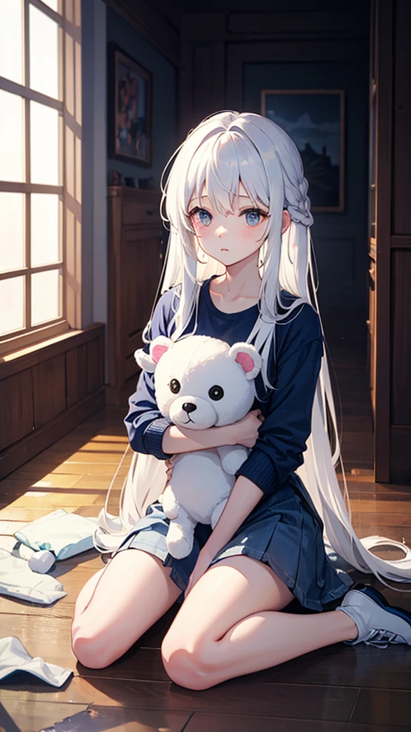big ass big boobs long white hair hugging a teddy bear, pajamas, 8k, super detail, masterpiece, anatomically correct, retina, UHD, ccurate, textured skin, super detail, high details, high quality, award-winning, best quality, highres, 1080P, HD, 4K, 8k, 16k