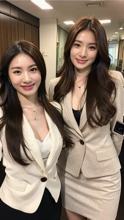 (8k, Best Quality, Masterpiece:1.2), (Realistic, Photorealistic:1.37), Ultra Detailed, Solo, A Young and beautiful Japanese politician, (suit, jacket, tight mini-skirt), (Smile,Big breasts), Beautiful Fine Eyes,(long Hair:1.2),Floating Hair NovaFrogStyle, cleavage, (1 woman is bowing to viewer:1.3), (from above)