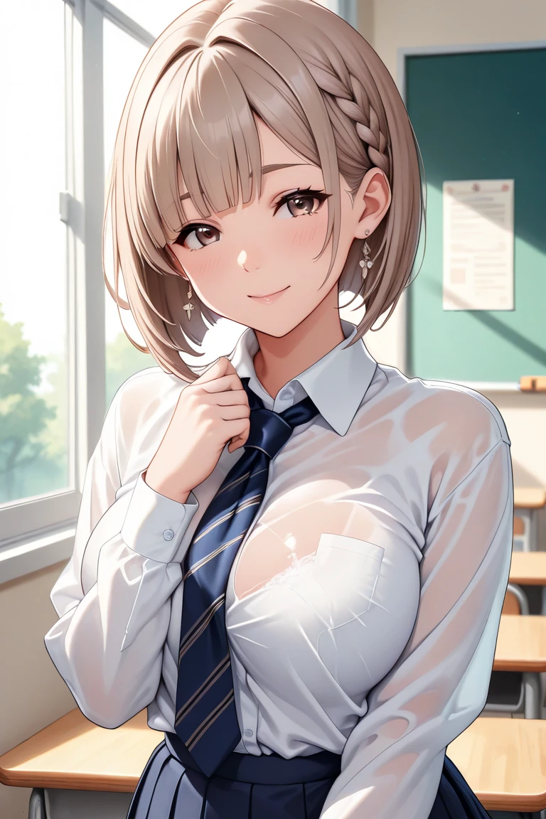blonde, short hair, girl1, in the School classroom, (upper body), completely nude, (small nipples:1.2), (small areolas:1.2), kawaii, cute, purple eyes,(open white shirt),(shy), (blush),orgasm face, tongue, seductive smile