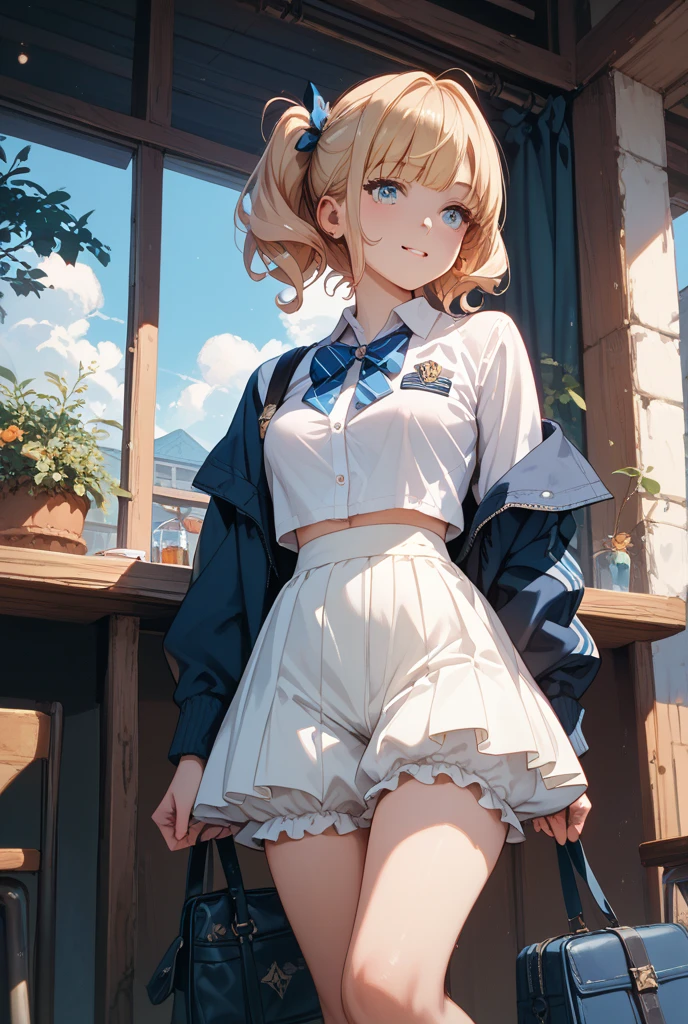 1 girl, pale skin, eyes, mouth, lips, hair, bangs, locks, neck, shoulders, short blouse, perfect belly, short denim shorts, thick legs, thick thighs, tight short pantyhose, background scene, in the park, beautiful day, wind, flying leaf, lighting, people around, green aria, trees
