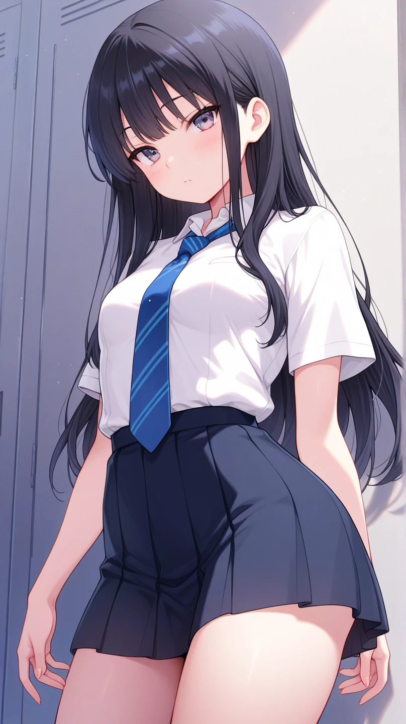 throw,、(High Ponytail:1.3)、(school uniform, Short sleeve:1.3)、mini skirt、(hair ornaments:1.2)、(Wrap a scrunchie around your left wrist:1.2)、(Black high socks:1.3)、Browsing Caution、Clear Eyes、8k、10 year old student、Best image quality、masterpiece、Perfect Anatomy、Kogal、Plump thighs、School、Absolute area、Huge 、Emphasize cleavage、Smile