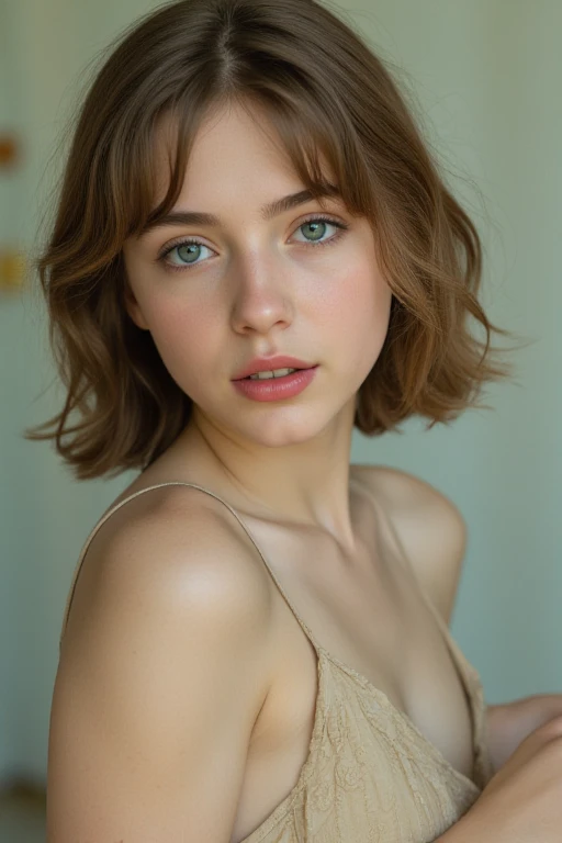 Best quality, hyperrealistic, details, 8k, teenager, fifteen years old, shy, sad, paleness, big blue eyes, very white skin, small nose, short brown hair with bangs, white nightgown, room, melancholy, Beautiful