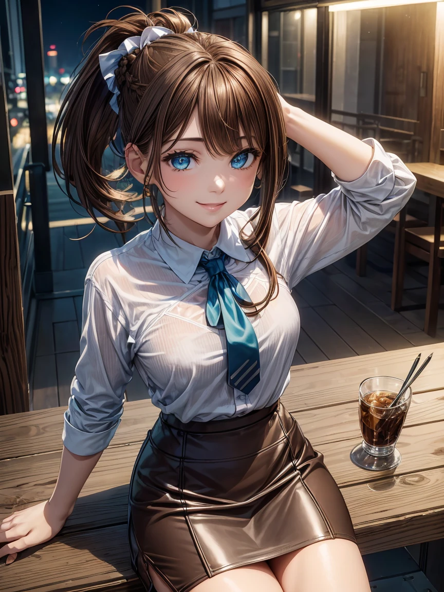 a girl with short ponytail laying in the table in a restaurant wearing formal suit,  clear eye, perfect body,  (look down at the viewer:0.8), (pureerosface_v1:0.2), detached sleeves, open mouth, bangs, 1girl, shiny skin, (masterpiece;1.0), (photorealistic:1.4), (sharp focus:1.2), 