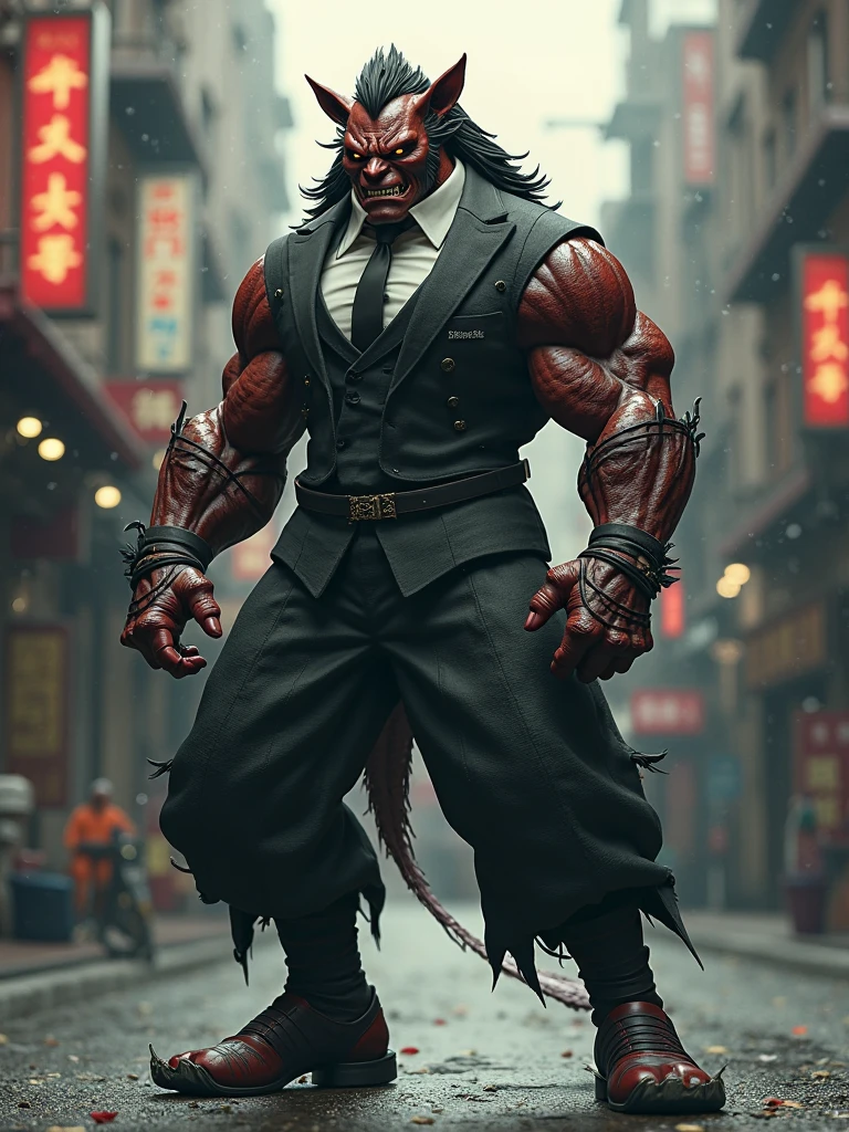 Create an image of Baki Hanma, the iconic anime character, but with a monstrous and oversized physique. He should appear extremely muscular, with exaggerated, almost inhuman proportions, making him look like a towering figure of raw power. His signature spiky hair should be wild, and his expression intense and fierce. The setting should be in a dark, neon-lit environment with deep shadows and vibrant colors like electric blue, neon green, and dark purple. Baki should be standing in a dominant, dynamic pose, with the neon lights accentuating the sharp, monstrous contours of his muscles. The background should feature a dark, futuristic cityscape with glowing neon signs, smoke, and abstract shapes, creating an atmosphere of intensity and darkness."