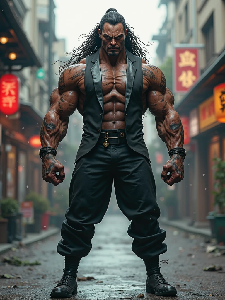 create a character using a boar's head identical to Inosuke's from kimetsu no yaiba, this character is wearing black and red Jordan sneakers, a shirt and wide black pants with a chain decorating the side of the pants and is smoking a cigarette, this The character has yakuza style tattoos, an athletic body and is 184 tall, his skin is very tanned and he is standing in a futuristic city inspired by Tokyo.