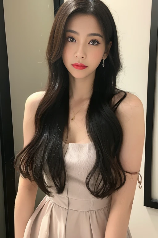 1 adult female, long hair, curly hair, black hair color, smooth skin, brown eyes, Make you smile, time々, cocktail dress, realist, party venue, 8k super realist, super detalhado e realist