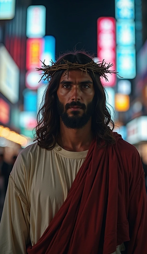 Jesus smiling Metalist in ragged clothes, mysterious smile, A crown of thorns on the head, realistic view, HdR, At a metal concert, In the background, a dancer near wooden crosses