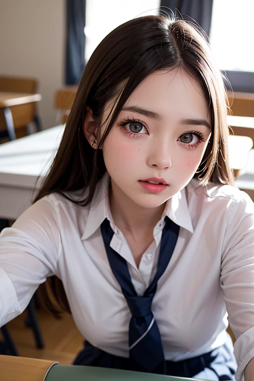 black color hair，Wear a pink and blue school uniform，She is a cute cute girl