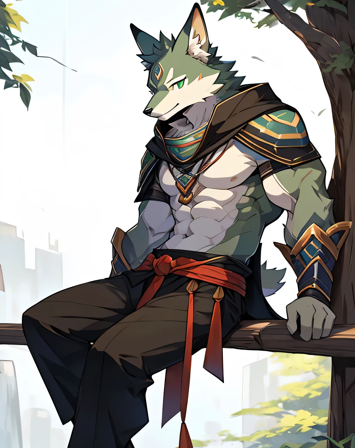 Seto (Tokyo After-School Summoners), Seto(Wandering Longing), Seth (it), Seto, Kazuma Koda, coyote, Green Eye, Grey Body, white body, Brown Body, stripes, stripes 몸체, wear a loincloth, youthful, High Quality, 8K, High image quality, NSFW, pixiv, shadowy, A composition where the whole body is visible, The right ratio, skiny, Sexy, Sexy Men, Handsome men, Muscular, Sexy muscles, thin-waist, slender fit body, elegant posed, sit on the tree