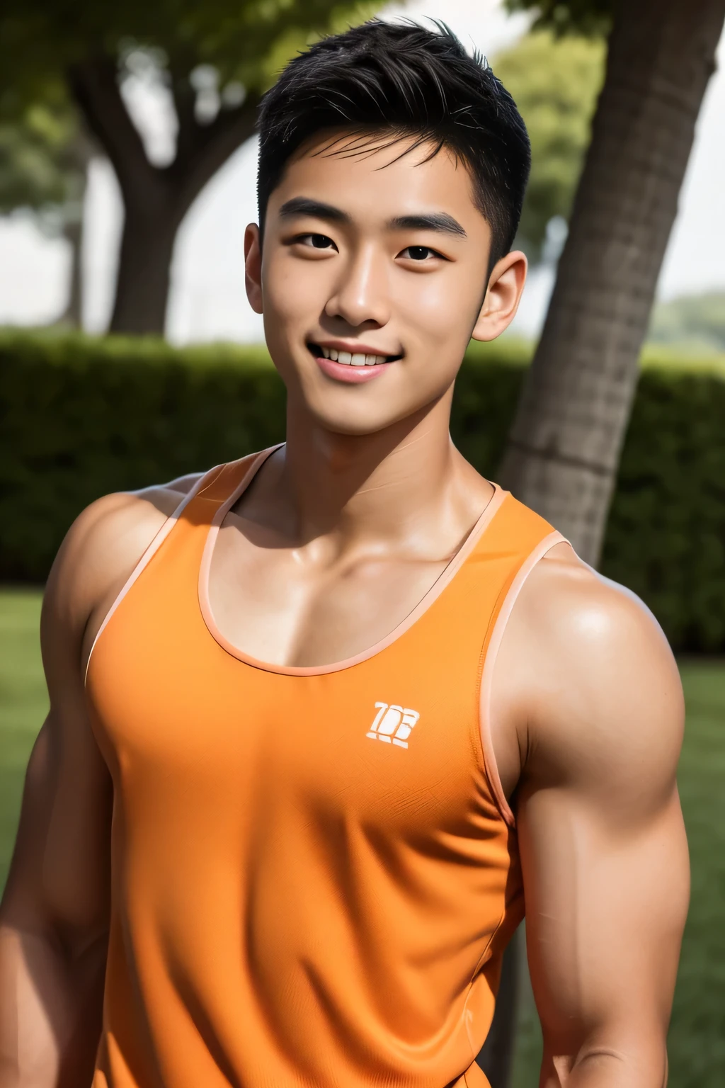 18-year-old male、Japanese、handsome、macho、athlete、Short Hair、facing the front、plain orange tank top、smile