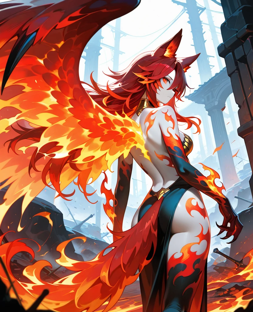 Original God Fox Fire Ahri, Naked Women, thin waist,Yuzu,fire element aura, fiery effect, tattoo, fire pupil, Game CG quality, masterpiece, fantasy art, extreme eyes detail, perfect body shape, HD
