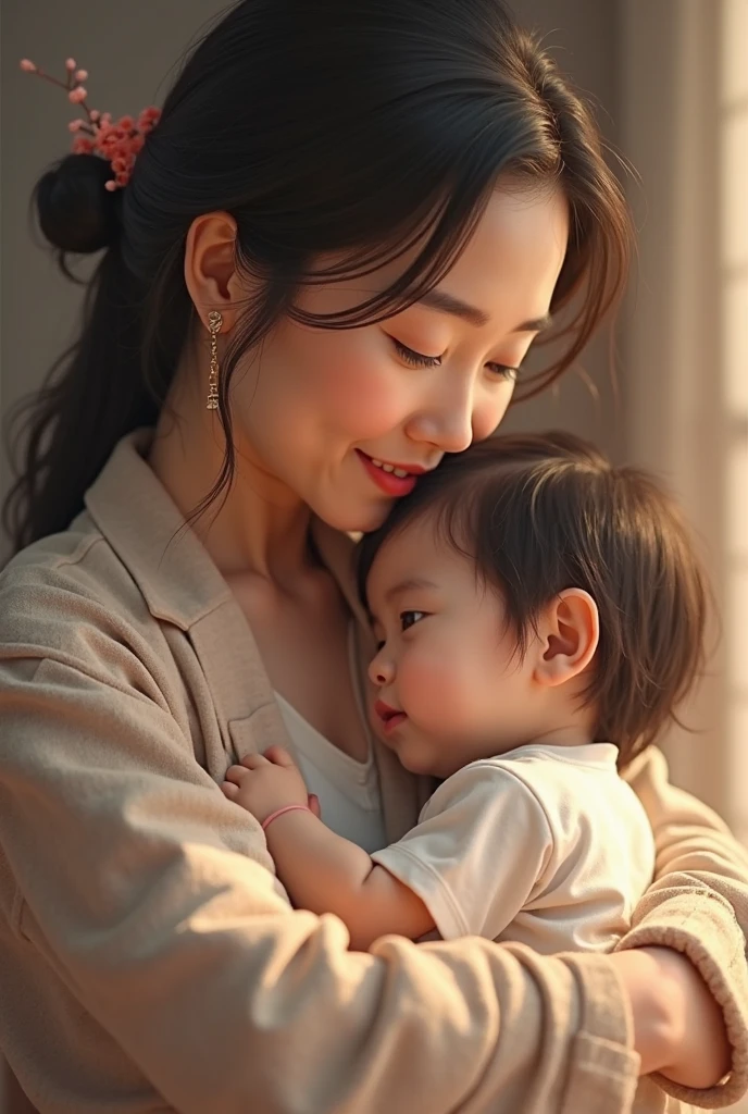 The background is a bookshelf. A woman is holding a child. The child is one and a half years old. The woman is looking forward. Her eyes are deep-set. The woman is a Korean idol with a bob hairstyle. The woman is smiling.