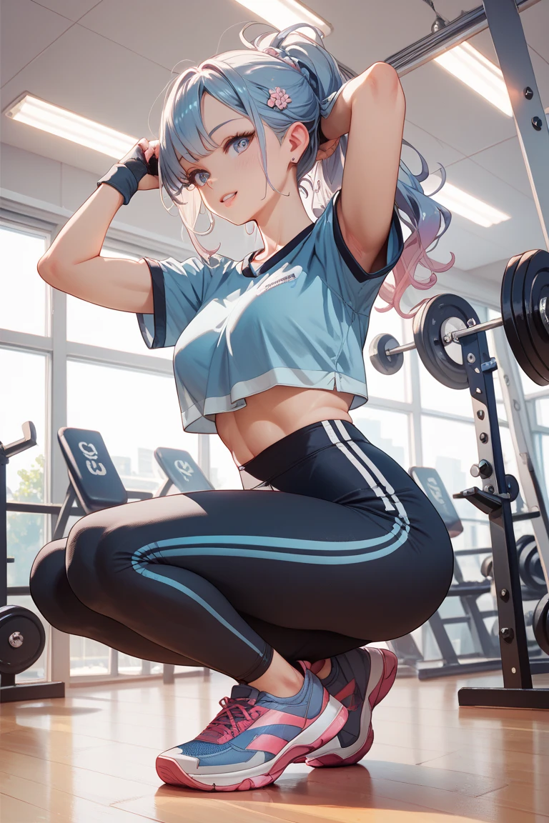 {
"Number of Characters": 1,
"Worldview": "A fusion of anime and manga, in a real gym doing weight training",
"Body Type": "**Muscular with tan skin**: Her body shape is characterized by **tan skin**, which enhances her charm with its warm color. Her **tan skin**, glowing healthily in the sunlight, is a symbol of her vitality and beauty.",
"Outfit": "Tight black leggings and fitness wear",
"Outfit Color": "Contrast of black and white",
"Hairstyle": "A hairstyle arranged with elements of ponytail, long hair, twin tails, and bob cut",
"Hair Color": "Chose gold as the main color, with a little bit of blue and green added as gradation",
"Presence and Details of Wings": "None",
"Props": "Weight training equipment",
"Emotion": "Energetic, with a smile full of accomplishment",
"Movement": "Weight training movements such as squats and deadlifts",
"Perspective": "Place her in the front, with gym equipment in the background",
"Composition": "Center her, maintaining visual balance",
"Background": "A modern gym with weight training equipment",
"Background Color": "Added as a sub (Gold, Blue, Green 'Main' Light Blue, Yellow, Silver, Deep Red 'Sub')",
"Lighting": "Natural light coming in from the window, emphasizing her muscles",
"Style": "High-resolution official artwork, or very detailed and elaborate fan art style trending on ArtStation or Pixiv",
"Quality Improvement": "Aiming for absurd, highest quality, real, hyper-real, ultra-detailed illustrations using the golden ratio 1.2 and drafting board 1.3"
}