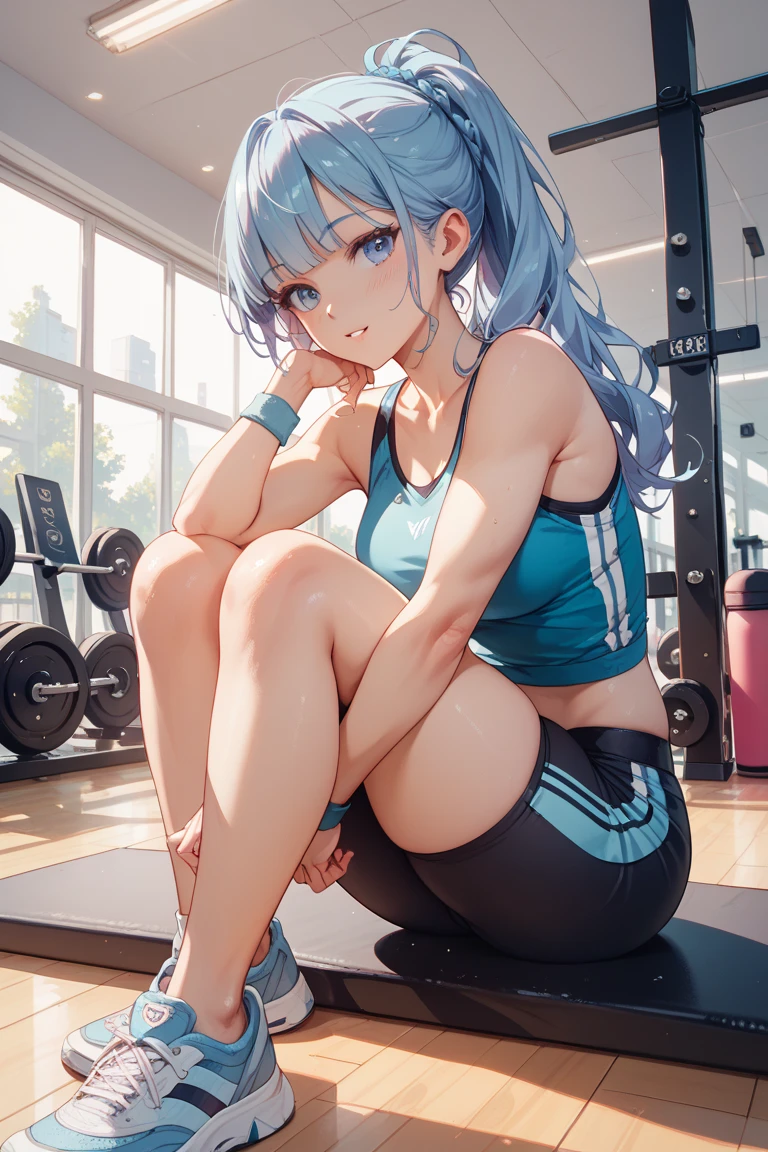 1girl, bluenette hair, light blue hair, gym clothes, yoga,