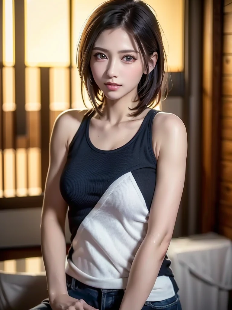 Woman in the Shadows, ((Northeast Asia Market, Dimly lit alleyway, night, No lighting)), customer, round face, (Plump large breasts,naked), (Squat slightly,legs spread), ((Show off her, Sweat)), ((Metal sham)), ecstatic face,