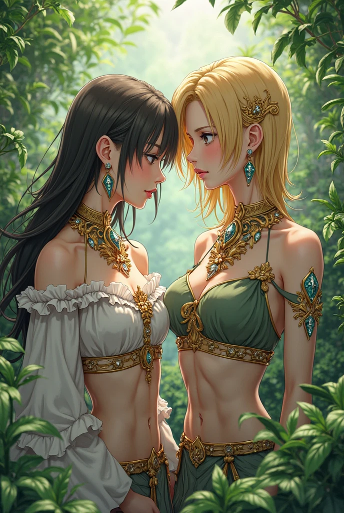 Her hair color is dark blue and her hair reaches her waist and is slightly wavy., emerald green eyes ,length 1.65 cm, white smooth skin, body structure is slim and athletic,wearing a small blue necklace,thick-legged,bare-chested