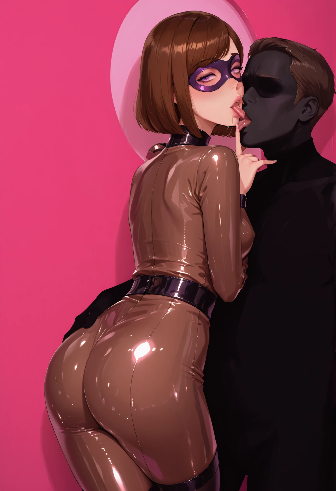 Helen Parr. Brown hair. Curved back hair. Latex eye mask. Sleepy eyes. Purple eyes. Kissing lips. Tongue out. Latex costume. Glossy. Transparent brown costume. Beautiful back line. Butt. Turning around. Finger on mouth. Pink room. Netorare situation. Cuddling man. Black silhouette of a man.