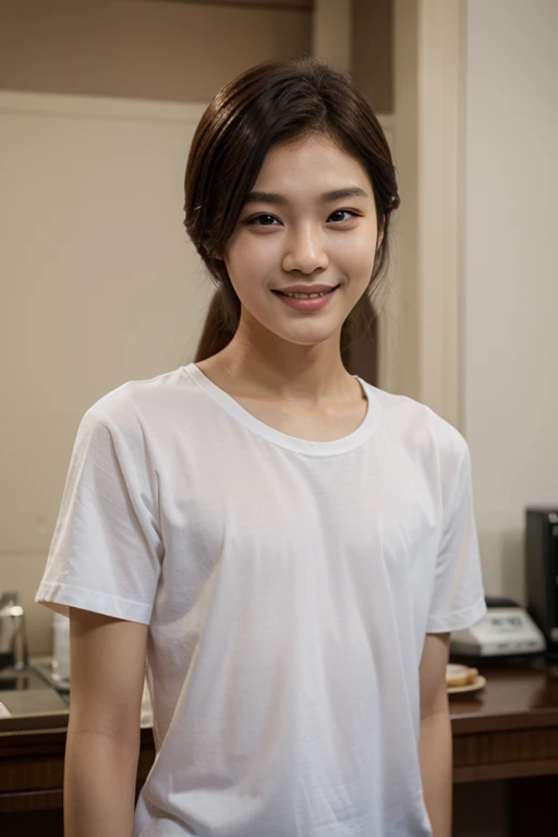 Generate a digitally-enhanced image of a woman with a korean-american heritage ash brown hair color. She exudes beauty, confidence, and joy as she poses for an official identification (I.D.) picture against a clean white background. Ensure that the image highlights her unique features, radiates natural warmth, and captures her genuine smile.