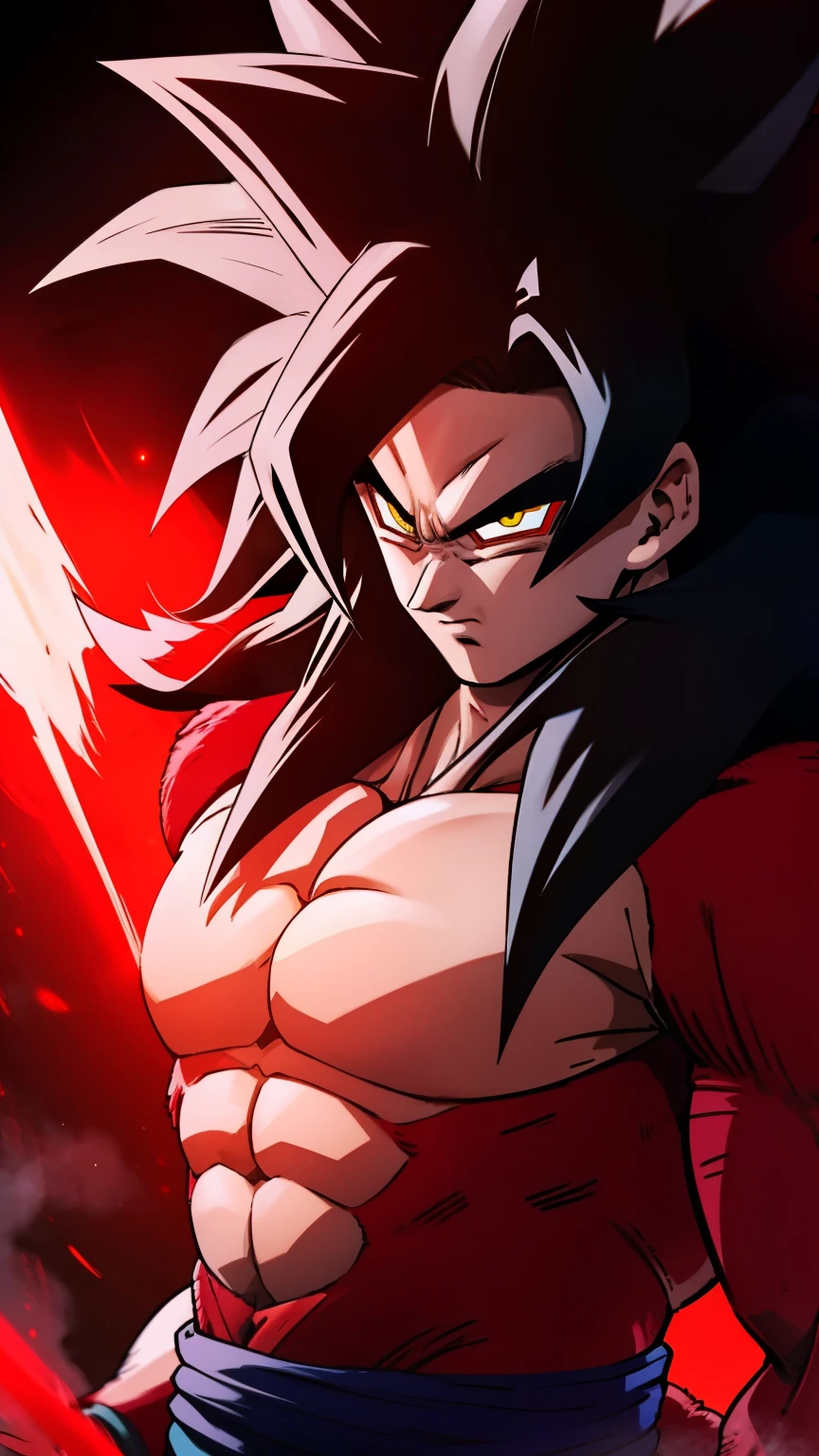 "Goku in Super Saiyan 4 form, ultra-muscular body with intense muscle definition, red fur covering his upper body, long black spiky hair with a red tint, yellow eyes with a cold, piercing stare, standing in a powerful pose, dark and smoky background with red energy aura swirling around him, highly detailed, anime style, dramatic lighting, ultra high definition, close up, real hair."