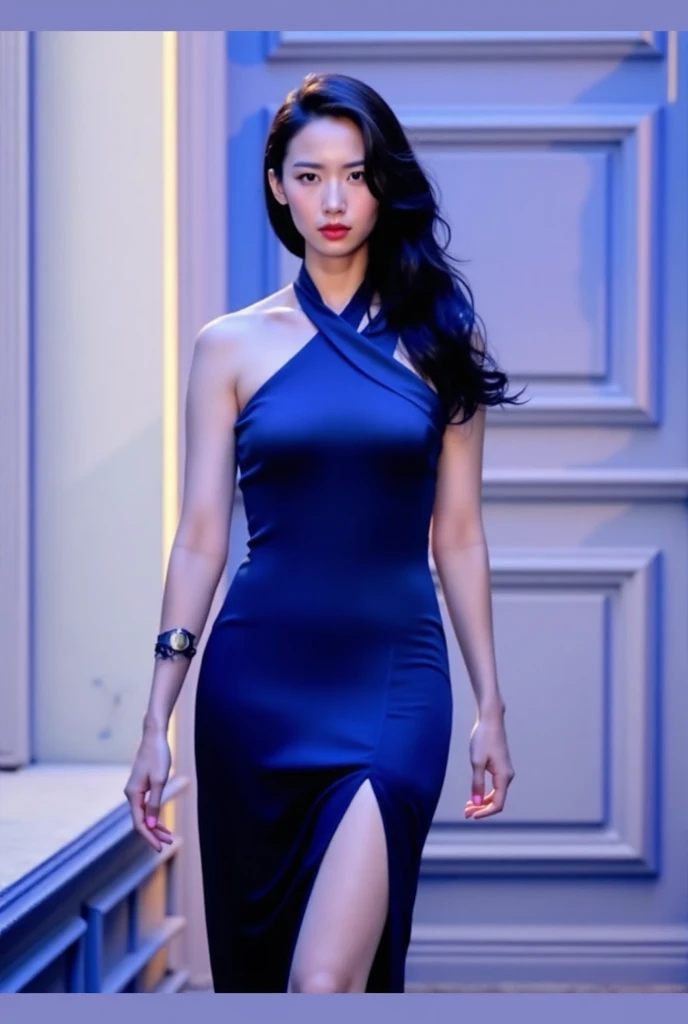 (((best quality))),(((ultra detailed))),(((masterpiece))),illustration,((1girl,Rui Kisugi,solo)),((slim,thin)),((small breasts,flat chest)),(long straight hair:1.2),(bangs:1.3),((bare shoulder,shoulder off)),(klein blue full-body tight-fitting catsuit:1.5),(a yellow ribbon is tied around the waist:1.3),(standing:1.3),(On the roof of skyscraper:1.3),(city view:1.2),(outdoor:1.2),(night scene:1.3),elegant,confident,athletic,curves,(slender legs:1.2),waist,concrete,glass,buildings,starry sky,natural beauty,captivating,thought-provoking,((from front,upper body))