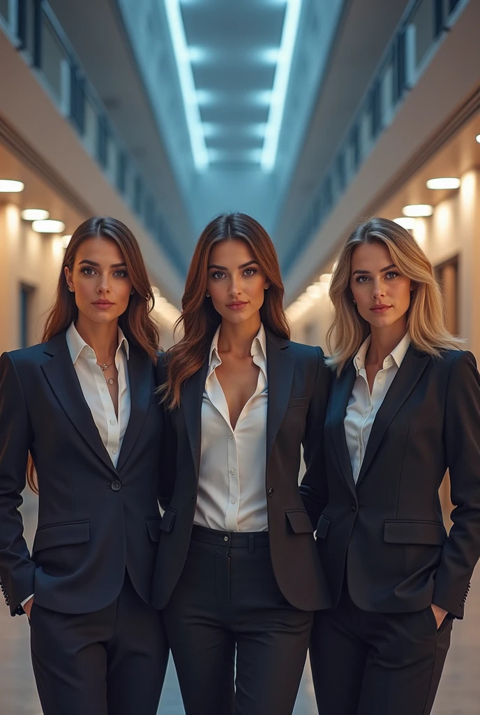 sexy women wearing professional dress, in office, standing near to glass, outside view, cleavge