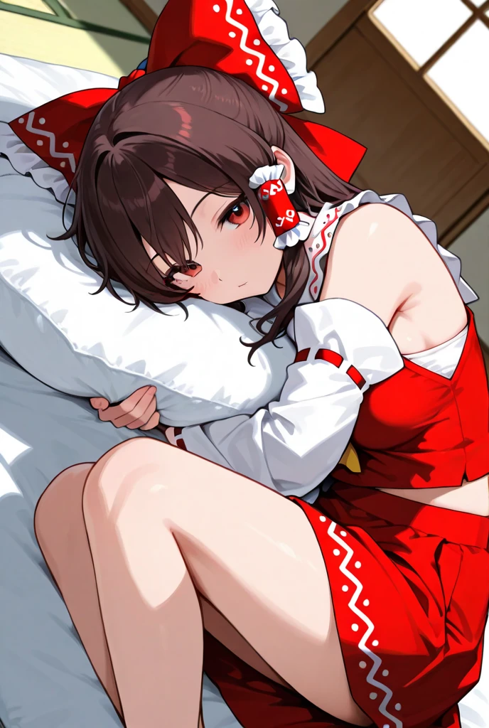 A Female robot is sleeping in bedroom, spread legs, nude, banzai pose. she wears no dress. She Brown short hair is tied with two big red clothespins, She lifts up the under hem of her white plain dress, leaning over, masterpiece, very short pigtails,brown hair, mature, android, blue eyes, full body figure, Height: 160cm, flushed cheeks, 2020s anime picture, A beautiful robot with short brown hair in two short pigtails held up by two very large huge red clothespins, Uplifting, No NSFW, whole body, barefoot, archaic smile, getting orgasm, 25 years old, sweat bucket. 