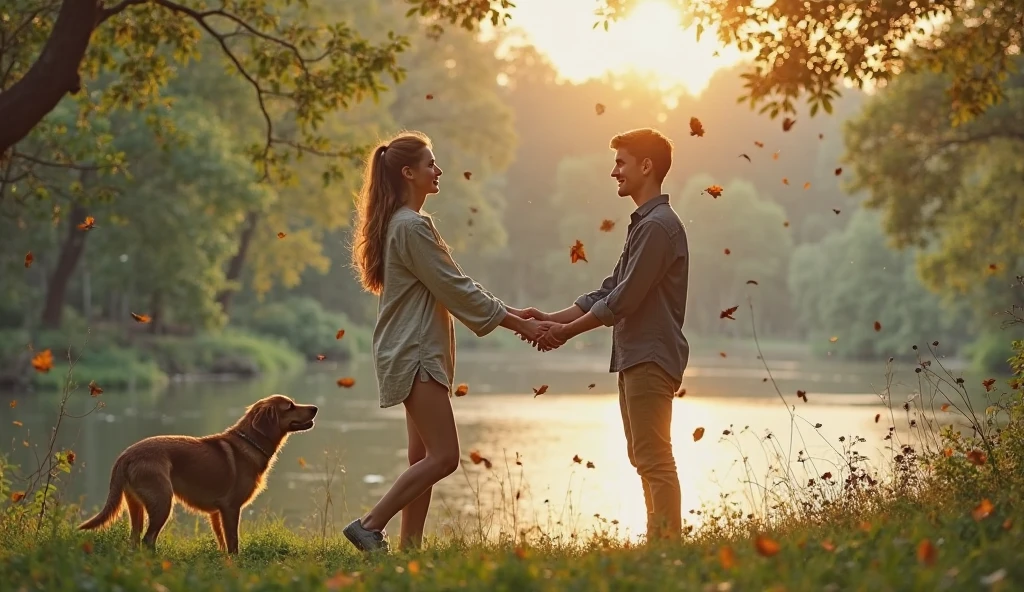 Beautiful wife with wavy long hair wearing a long skirt, kneeling with a submissive expression by her standing husband casually dressed with a big black dog on a leash
