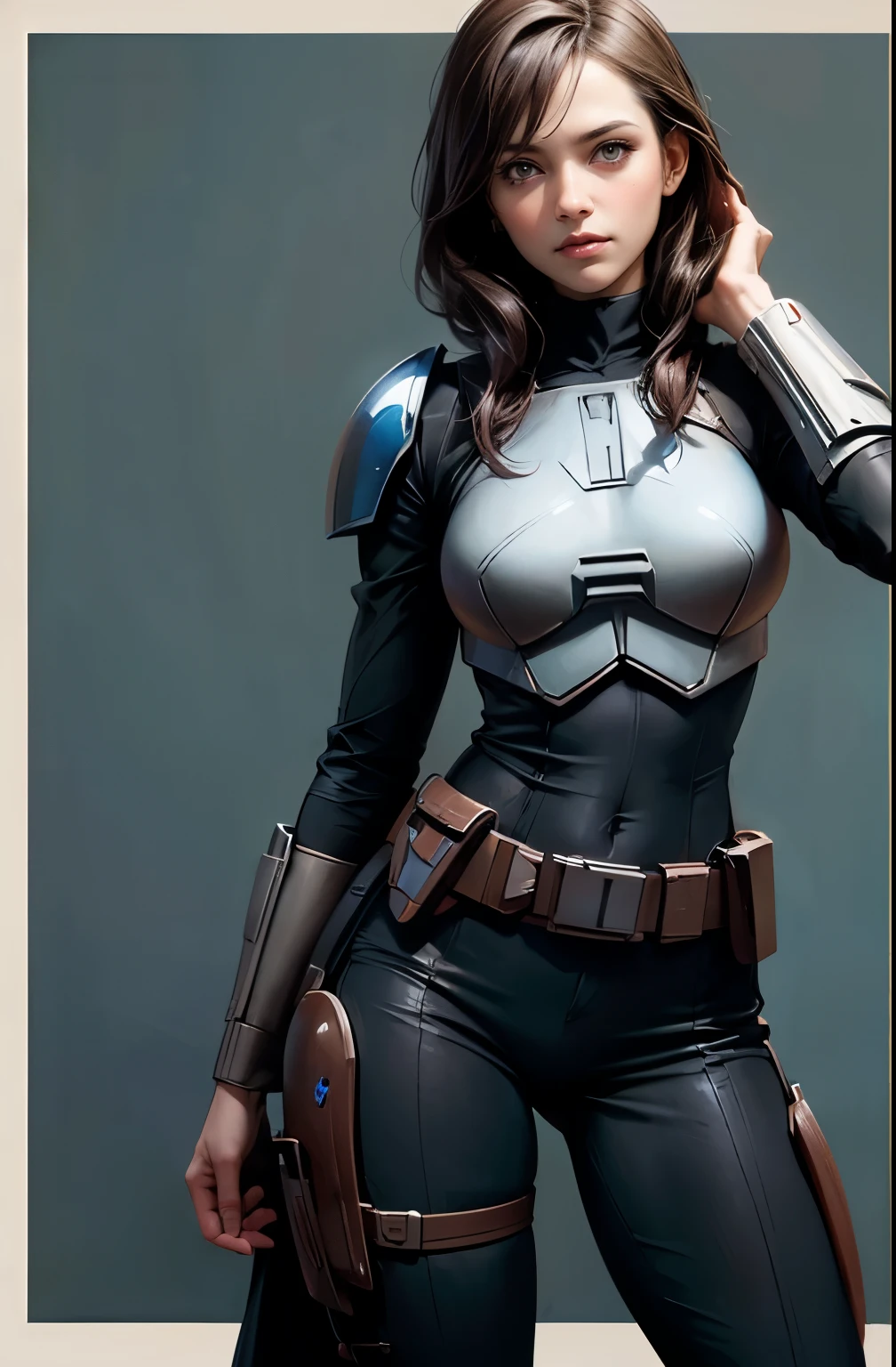 star wars world ,female mandalorian,can see the face, , slender beauty ,Hold the helmet with your right hand, , ,Slimming, slender, gentle eyes, flows from my