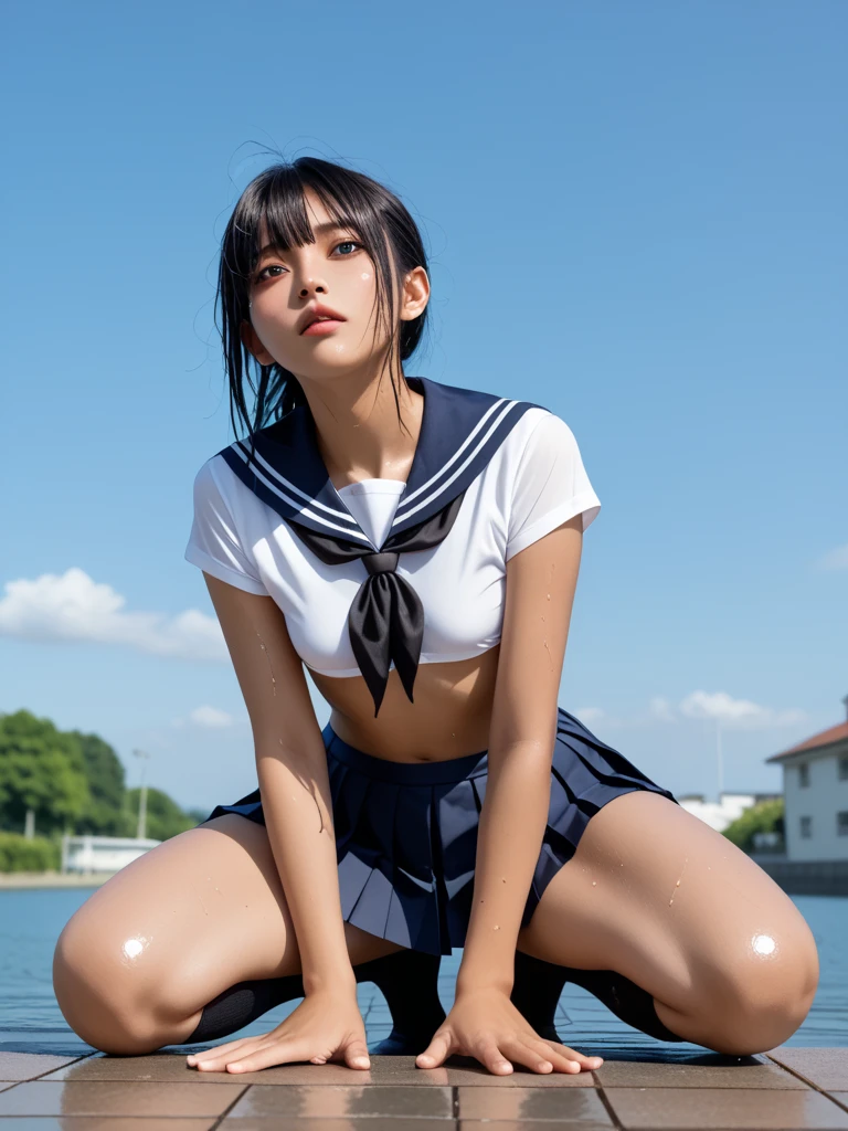 ((Sailor suit))、Lace panties with attention to detail、Cleavage、large breast, (ahgao),erotic, dark prison interior, minimal lighting, copious amounts of semen, hyper detailed, photorealistic, dramatic lighting, cinematic composition, dark gritty atmosphere, muted color palette, extreme detail, sharp focus, masterpiece, award winning, 8k, high quality,(One boy penis with pubic hair from front, Spread legs, Sex, Browsing Caution),(High Definition Vagina)