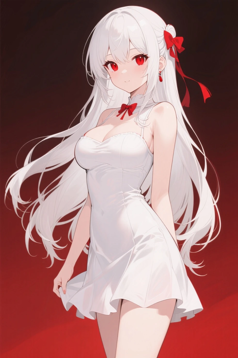 Character design, female, long black hair, some white hair strands, wearing a short white lace dress with spaghetti straps, red eyes, small frame, very skinny, detailed, best quality, silver necklace