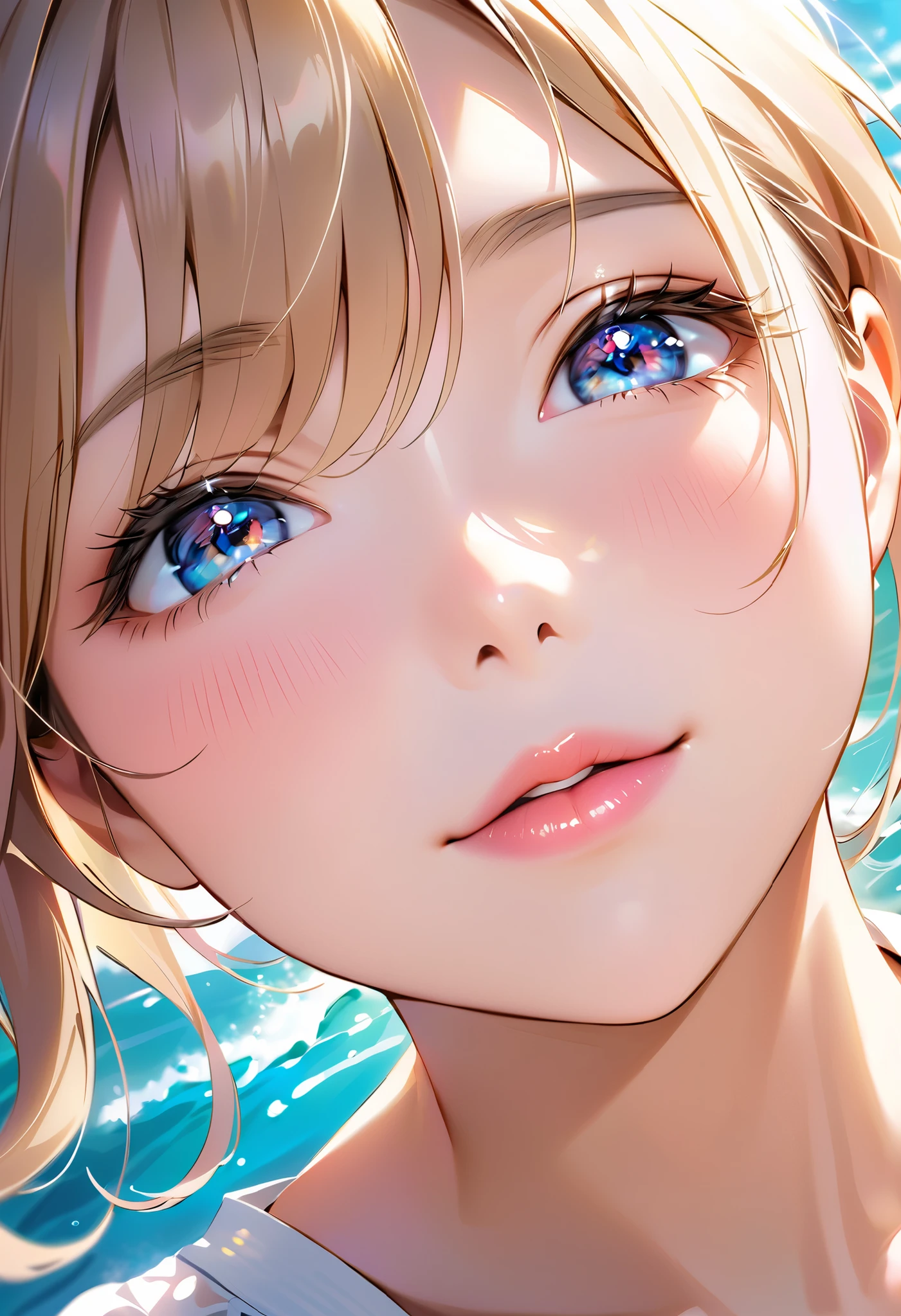 A beautiful girl's face approaches the viewer. The girl is waiting for a kiss. An attractive face. Mouth is about to kiss. Eyes are open and expectant. Shy, delighted and blushing. Delicate eyelashes. Thin eyebrows. Natural makeup. Delicate and perfect brushstrokes. Fresh skin that is young and energetic. Blake, she shows her affection to the viewer. Shy, delighted and blushing. She seems afraid to close her eyes. Lips eagerly waiting for a kiss. Detailed and realistic skin texture. She captivates you with her cute and sexy pose. ((Facing the viewer)), looking at the viewer. Chin jutted. Eyelids lowered. Rich and mesmerizing detail. ((eyelids gently closing)), closed lips, (eyes open, lips waiting for a kiss, approaching the surface, chin jutting out), (looking up: 1.3), ((facing you)), mouth preparing for a kiss, (eyes open), anticipation, shyness, joy, blushing, realistic and attractive depiction, first person viewer's point of view, (close-up of face from above: 1.2)