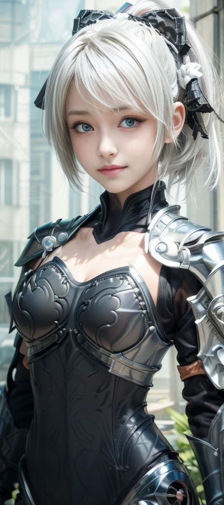 (8k, photorealistic, RAW photo, top quality: 1.4), (1girl), super beautiful, (realistic face), (boyish, silver color berry short hair), beautiful assassin, seduce viewer, beautiful expression, beautiful breasts, (realistic skin), beautiful smile, (soldier), charming, ultra high resolution, ultra realistic, high definition, spoiled