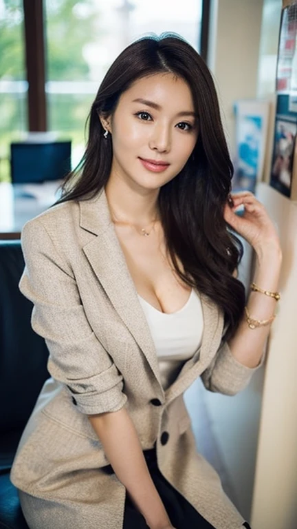 ((Photo-realistic:1.4)), (((NSFW))), (8k, RAW photo, Best quality, Photorealism, masterpiece:1.2), Ultra high resolution, Professional photograph, ((1Woman:1.4)), (((Full body:1.2))), Detailed Face, Beautiful fine face, Unparalleled beauty, ((Japanese mature)), Woman in her 40s, Dark brown hair, Voluptuous bust, Beautiful breasts, Large ass, Voluptuous body, ((suit, blouse, Mini-Skirt)), ((Inside the office, Standing pose, Sensual pose, Half smile)), ((Natural light lighting)), ((No text))