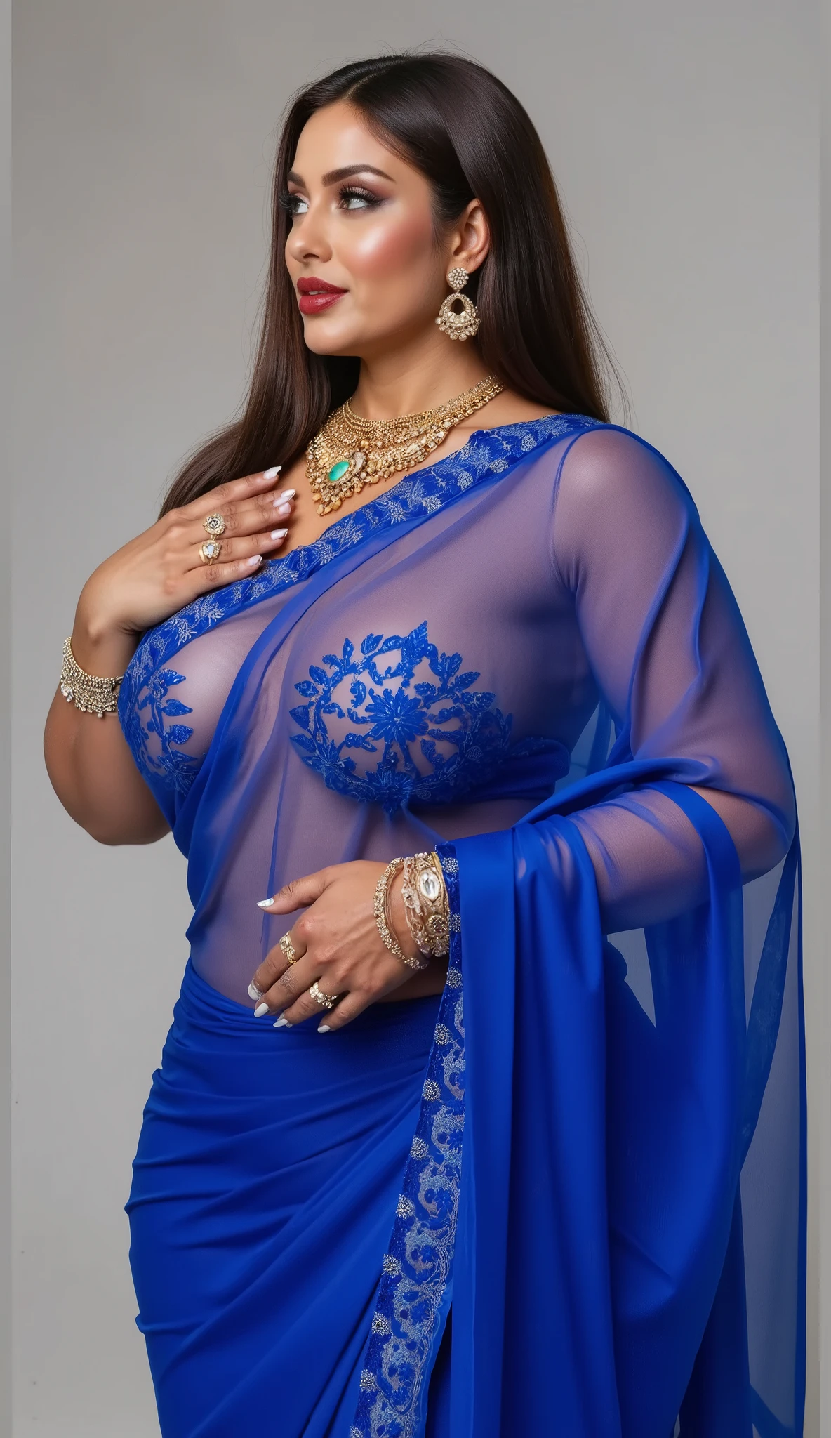 50yo mature MILF Anushka Shetty,((best quality)), ((masterpiece)), ((realistic)), sweat, alluring figure, bulging figure, thick charming lady, curvy, thick navel, full figured woman, sexy navel folds, fleshy figure, eye kajal, massive breast, full body, styled hair, pierced eyes, female face,royal aura, trend on artstation , sharp focus, studio photo, intricate detail, very detailed, detailed eye, illustration, very detailed, sharp focus, digital render, professional, 4k