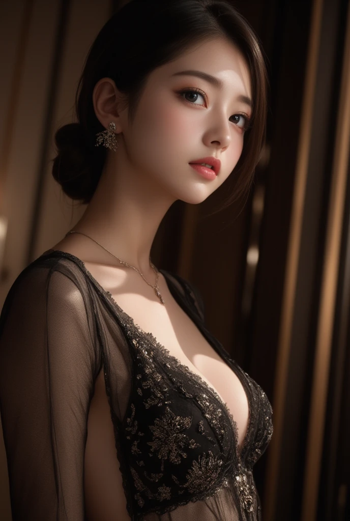 Sexy thick woman, black hair in a bun, plump face, seductive eyes, medium nose, perfect pink lips seductively parted, fairest skin, black long dress, stripping, exposing bare shoulders