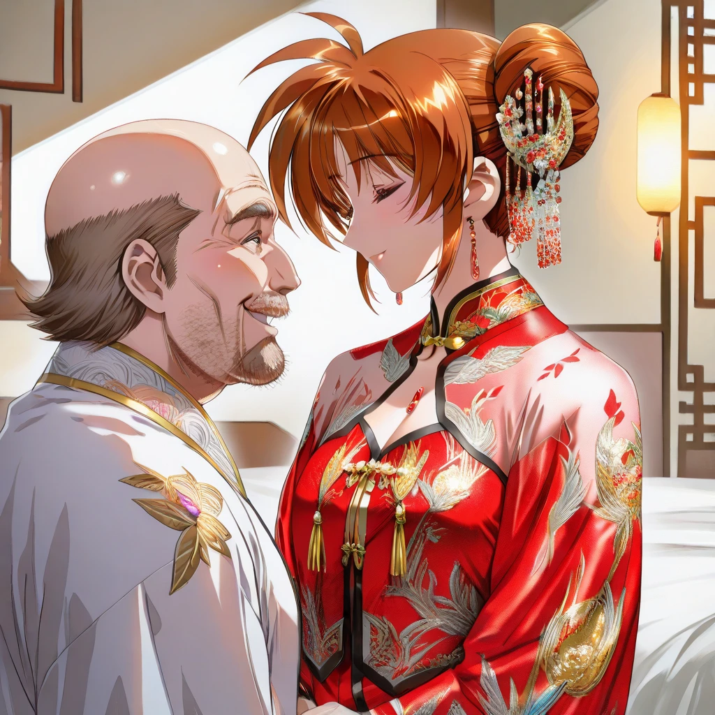 ((Highest quality)), ((masterpiece)), (detailed), (Perfect Face)、The woman is Princess Leona, wearing a gorgeous red Chinese dress with gold embroidery and long light brown hair.、At a ballroom party in a luxurious palace with many guests, a woman clings to the arm of a middle-aged man dressed in Hanfu.