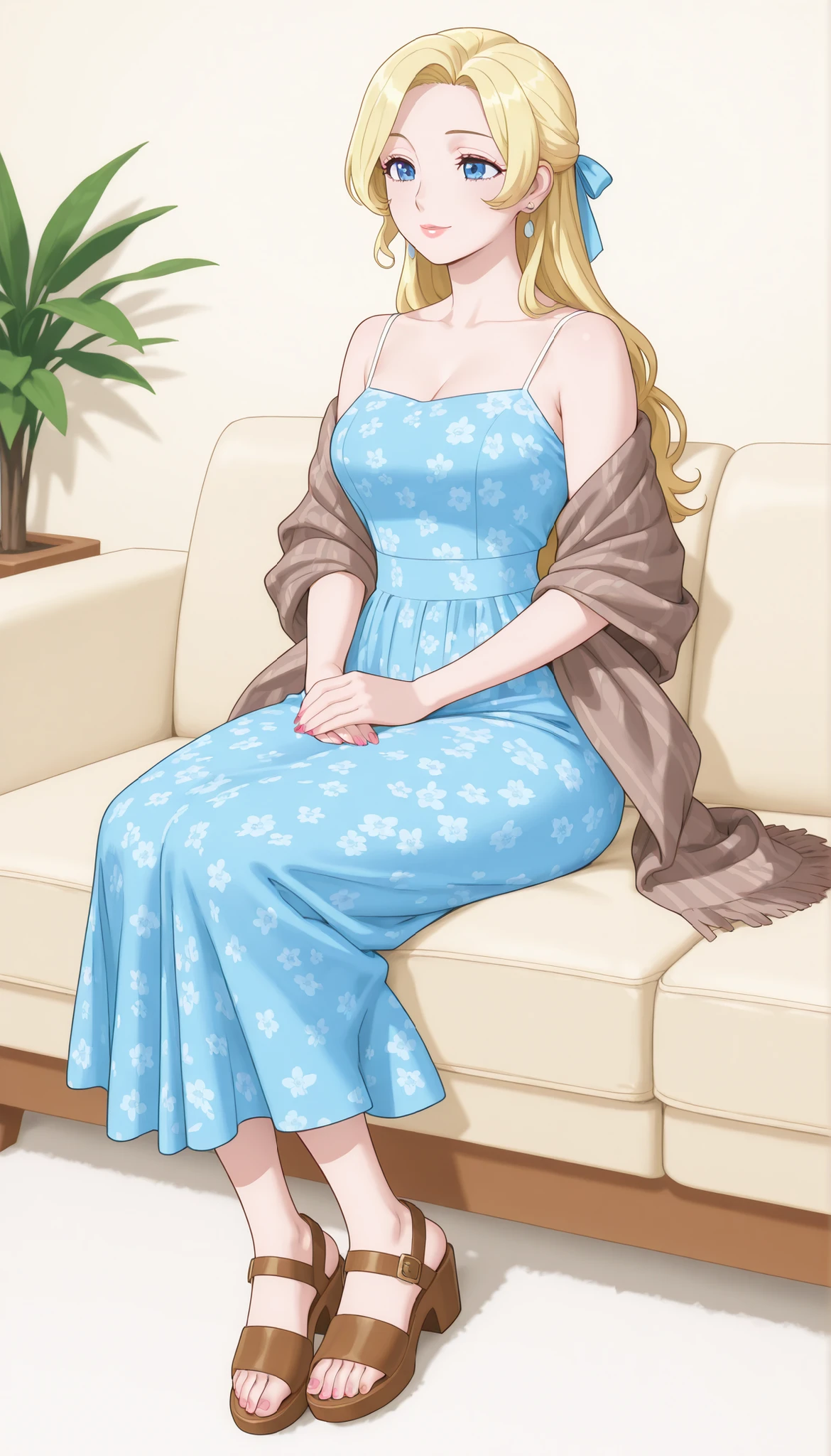 A mature beautiful woman with blond hair, extremely fair white natural skin, big blue-hazel eyes, red plump glossy lips, a small waist, and a perfect slim yet curvy body. She's only wearing a soft mini blue floral dress with spaghetti straps, a long brown shawl draped over the dress, a hair ribbon on the side, and brown sandals. She's sitting on a couch, hands folded on her lap, kind smiling, and is in a cozy wooden cottage living room. Show her full body and super hyper-detailed.